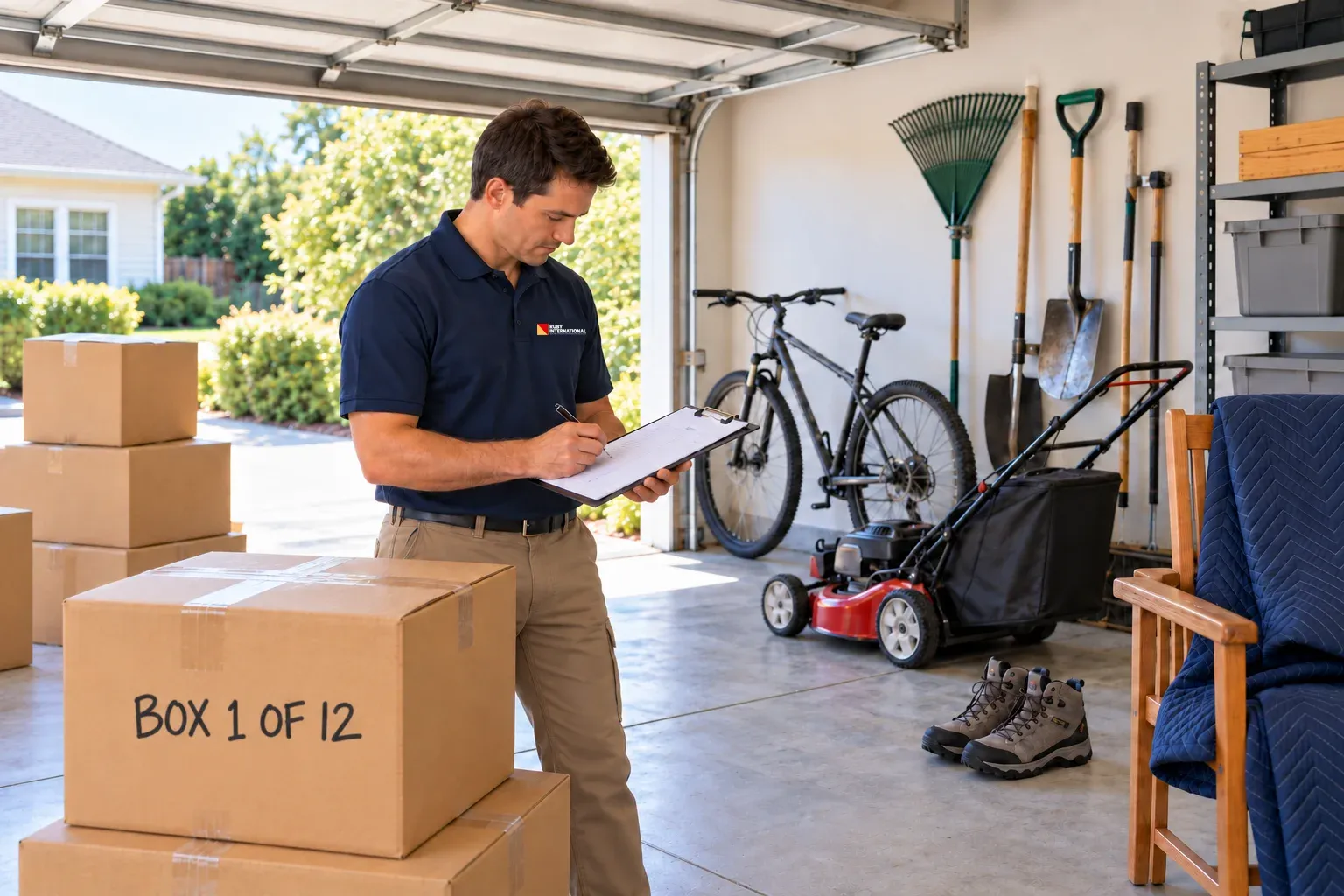 On packing day in a US garage, a Ruby International packer writes up the packing list beside a clean lawnmower, rinsed garden tools and a carton labelled Box 1 of 12