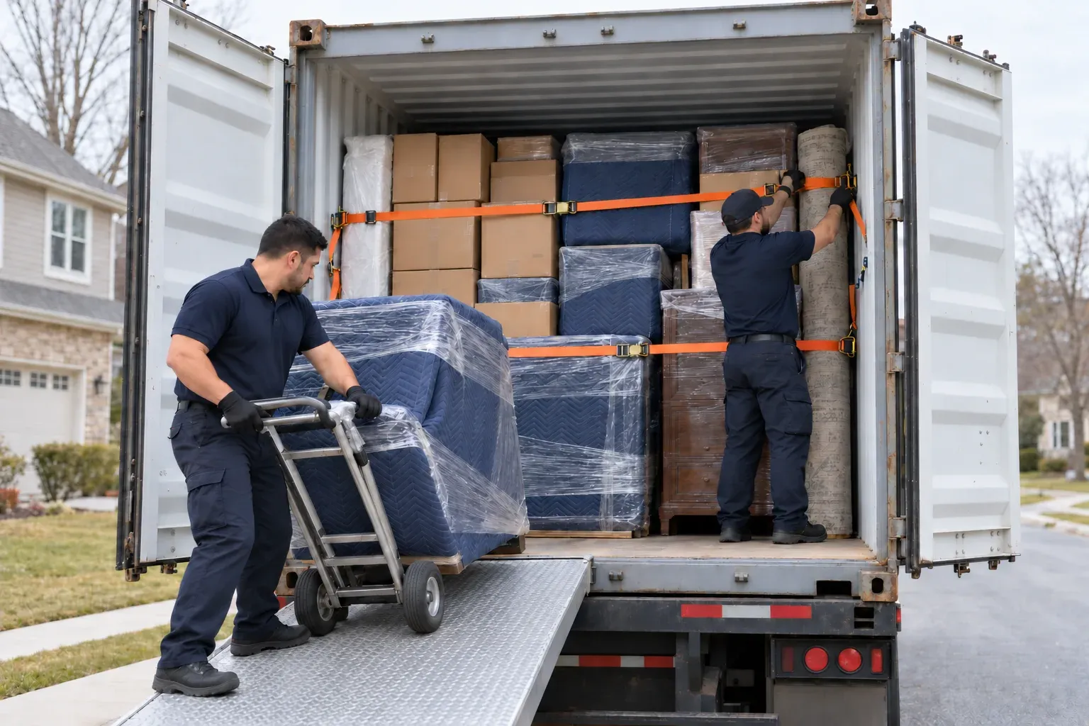 Two movers loading padded, strapped furniture and cartons into an ocean shipping container outside a house