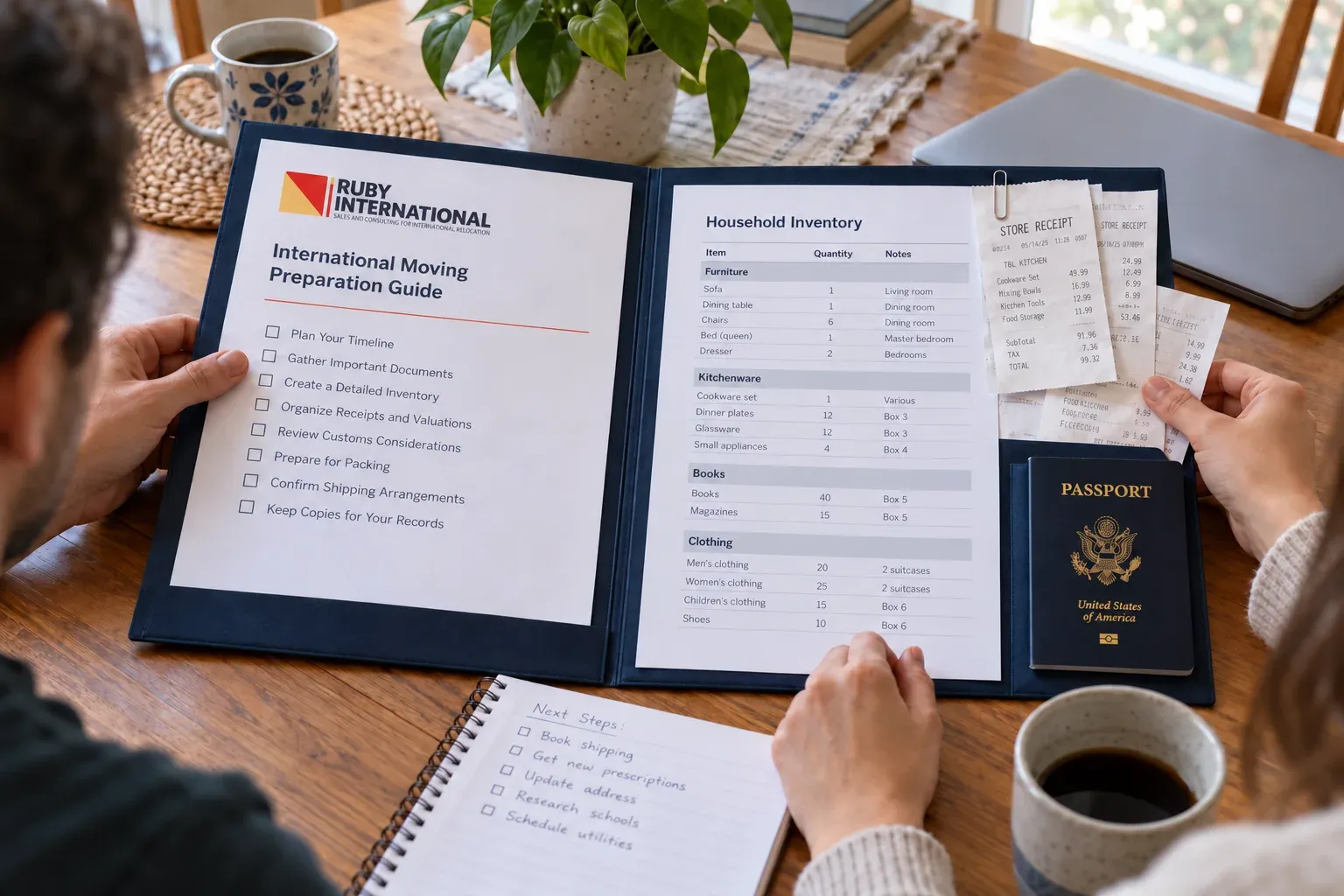 An open folder on a dining table: a Ruby International cover sheet, a household inventory listed by kind, purchase receipts and a passport