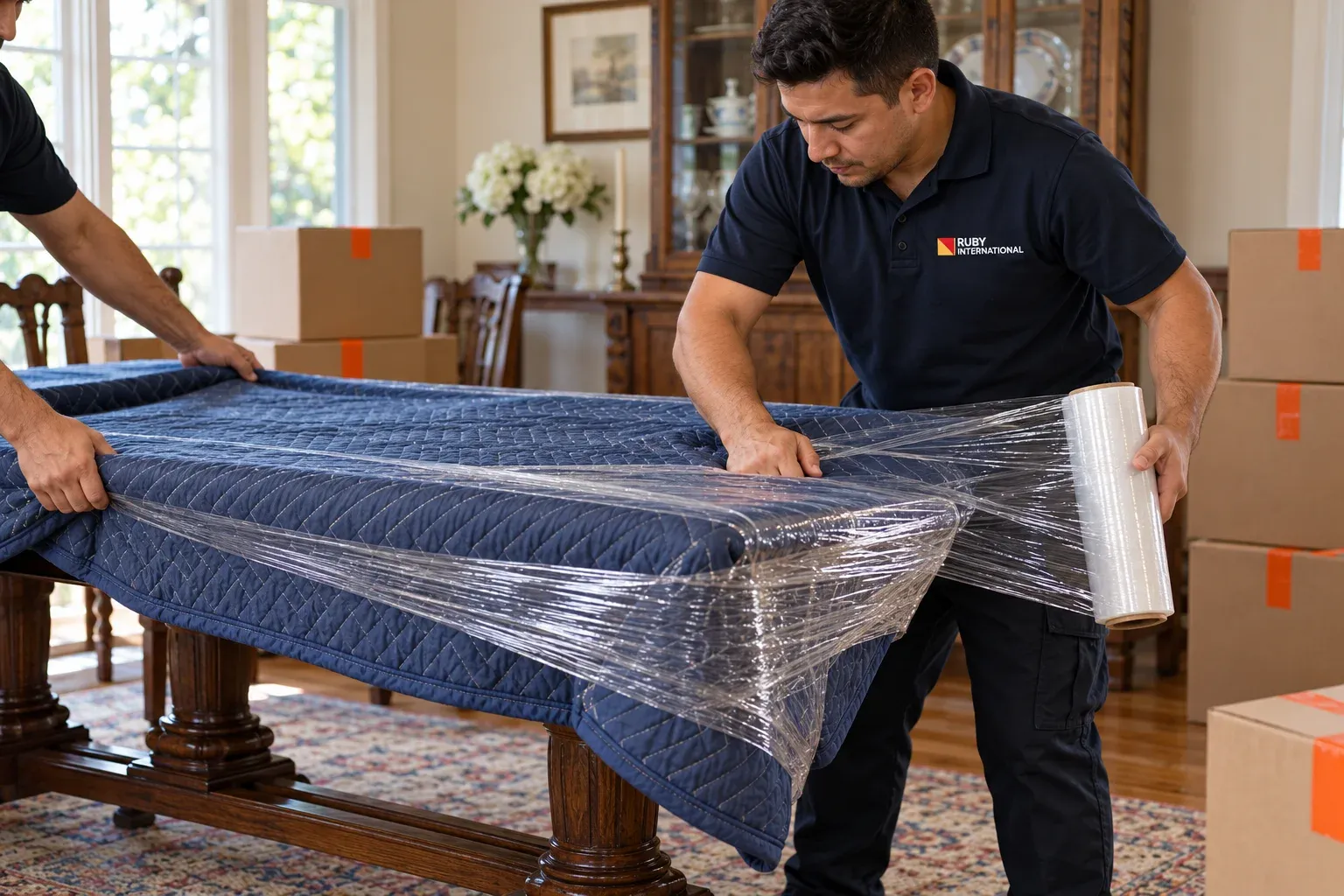 Un empacador de Ruby International envuelve una mesa de comedor de madera con una manta acolchada y película plástica, entre cajas de mudanza
