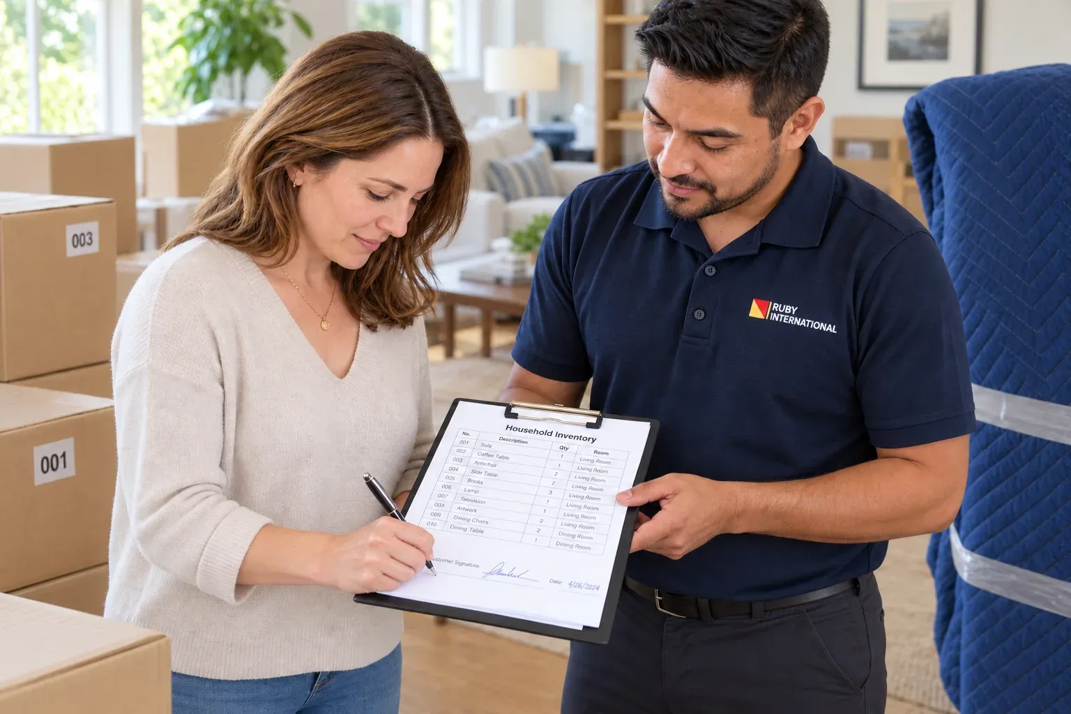 A customer signs the household inventory on a clipboard held by a Ruby International packer, among numbered moving cartons
